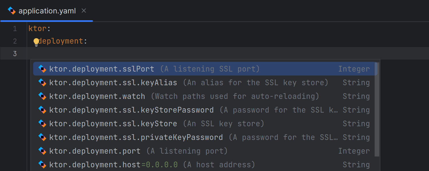 Improved editing support for application.yaml configuration files in Ktor