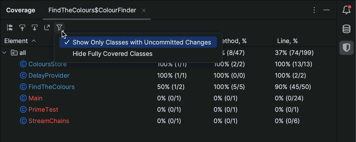 Opção para filtrar classes na janela Coverage