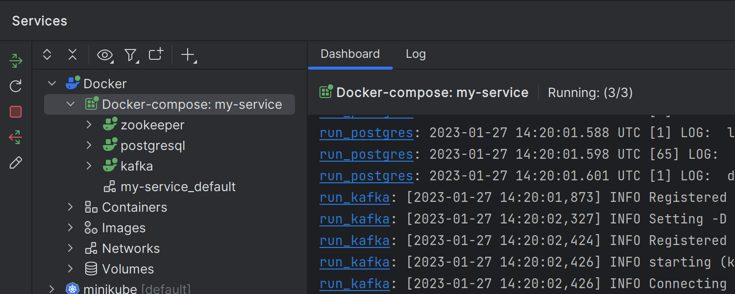 Logs combinados de todos os containers do Docker Compose