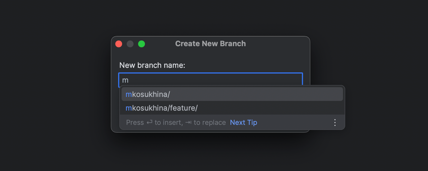 Create New Branch（新規ブランチの作成）ポップアップの自動補完