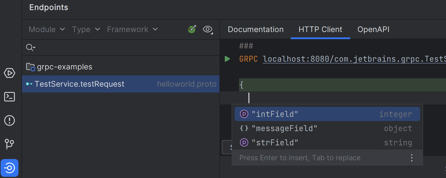 Opción para ejecutar solicitudes GRPC desde la ventana de herramientas Endpoints