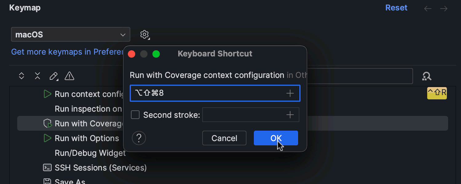 Возможность выбрать сочетание клавиш для действия Run with coverage в открытом файле