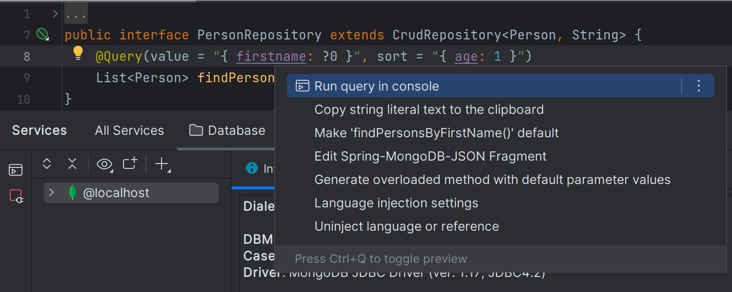 Possibilité d'exécuter des requêtes MongoDB dans la console Database à partir de répertoires Spring et Micronaut Data