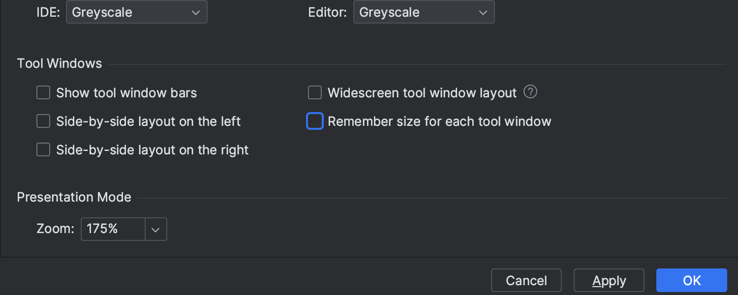 Neue Einstellung Remember size for each tool window