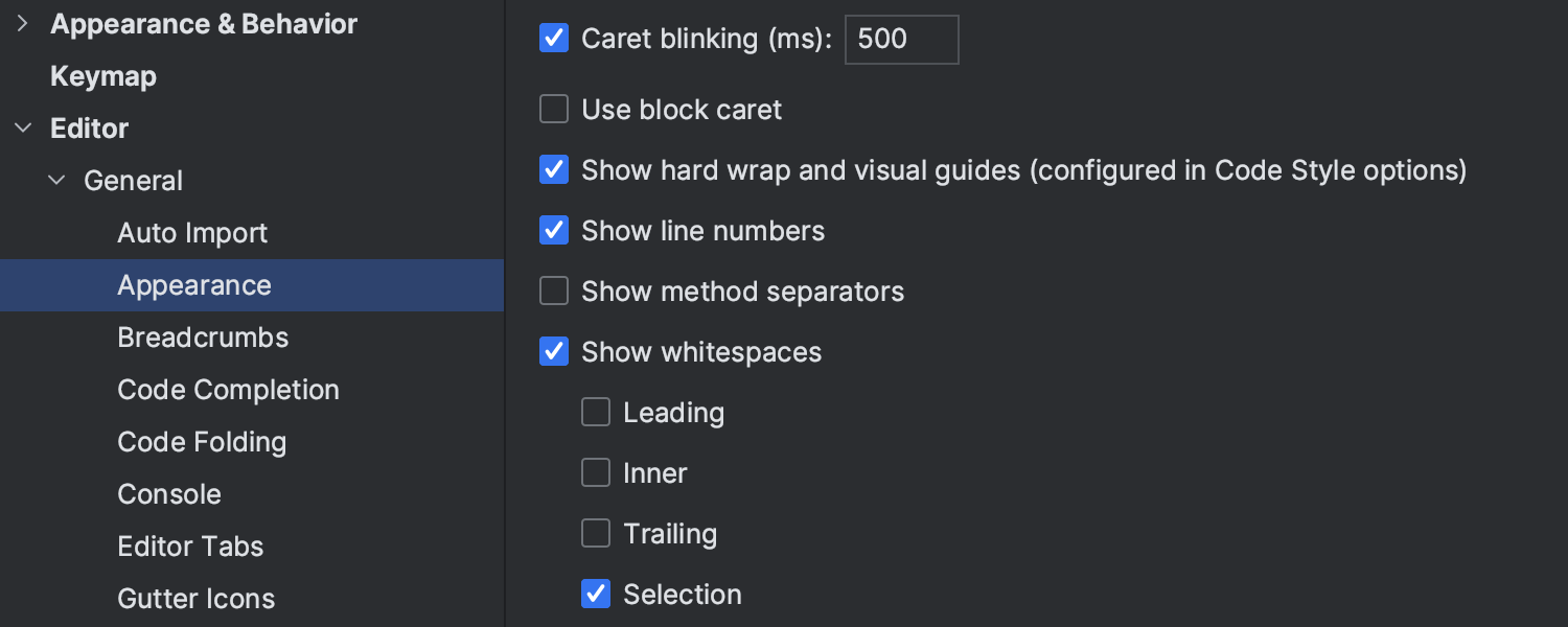 Opção para mostrar espaços em branco apenas no código selecionado