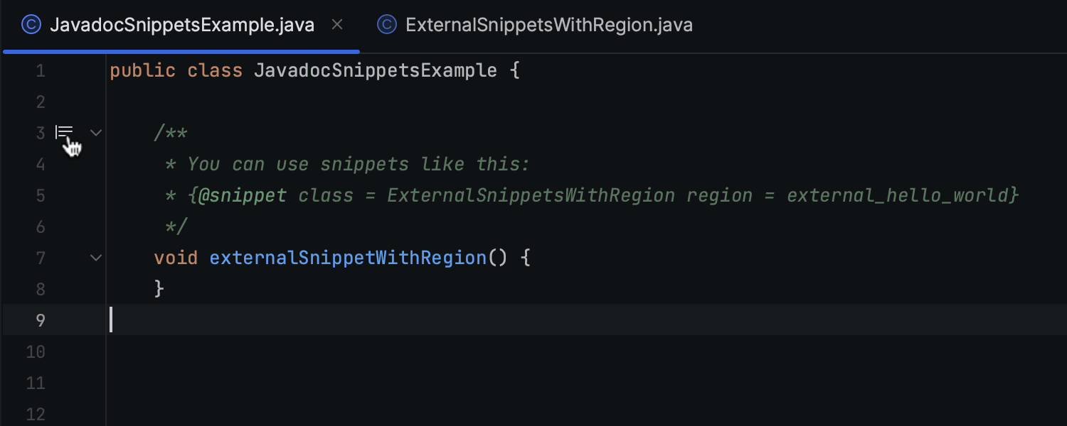 Suporte aprimorado para a tag @snippet em comentários Javadoc