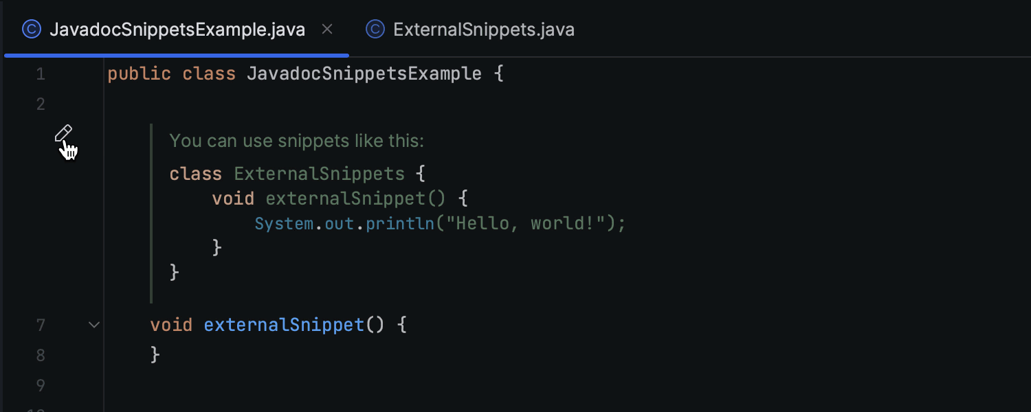 Suporte aprimorado para a tag @snippet em comentários Javadoc