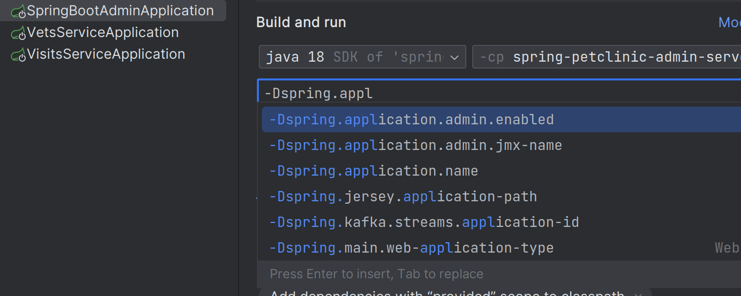 Autocompletado para las claves de configuración de Spring Boot en las opciones de VM