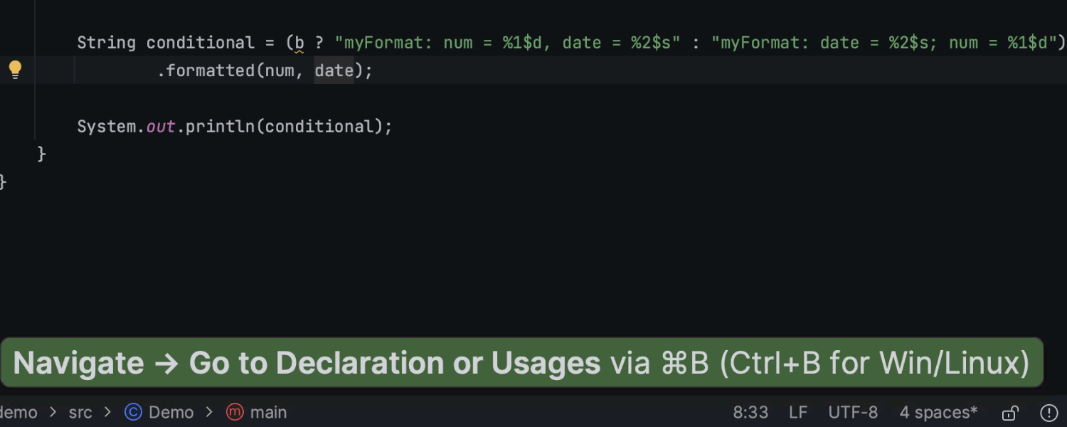 Syntaxhervorhebung und Navigation für Formatierungsstrings