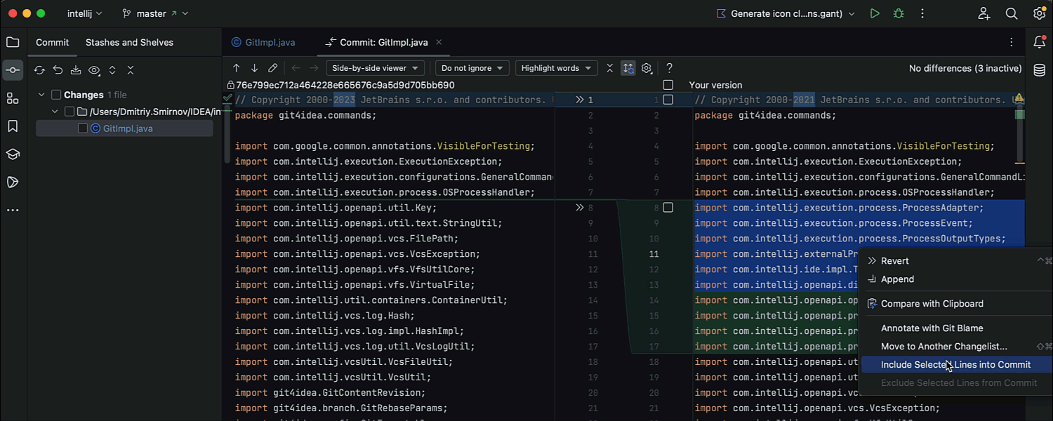 Option permettant d'envoyer un commit de lignes de code spécifiques