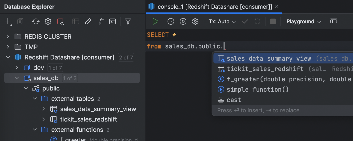 Compatibilidad con bases de datos externas y datashares en Redshift