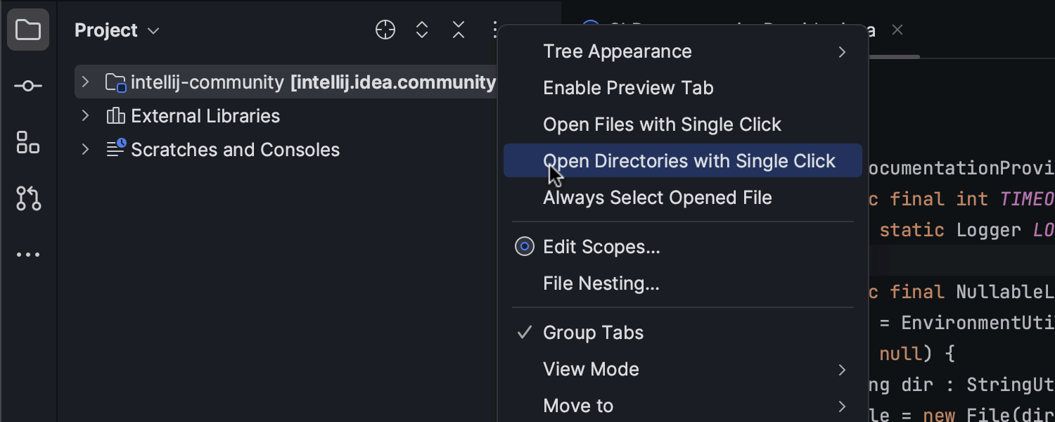 Single-click navigation between project directories