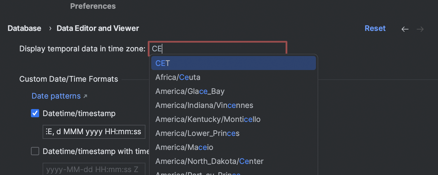 Paramètre Time zone pour l'éditeur de données