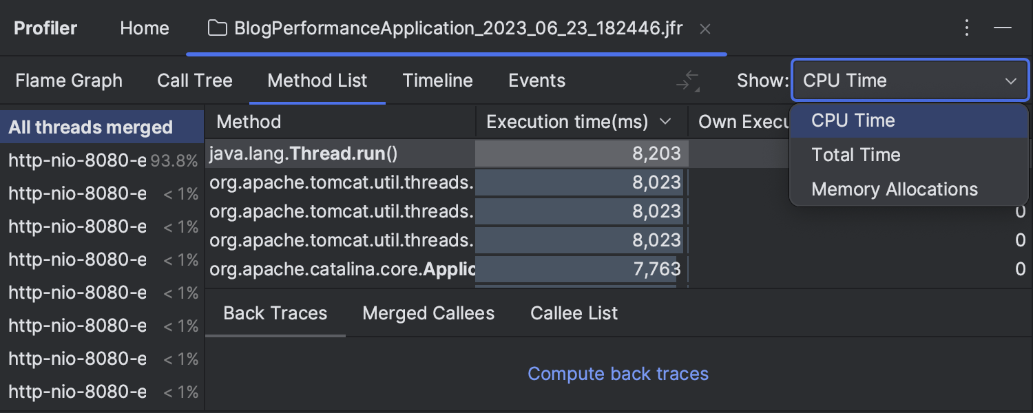 Modo de profiling padrão "wall-clock"