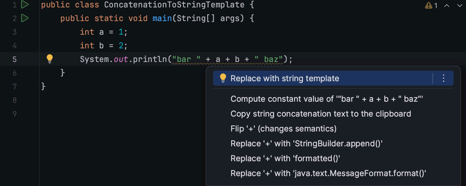 Inspektion für die Umstellung von String-Verkettungen zu String-Templates