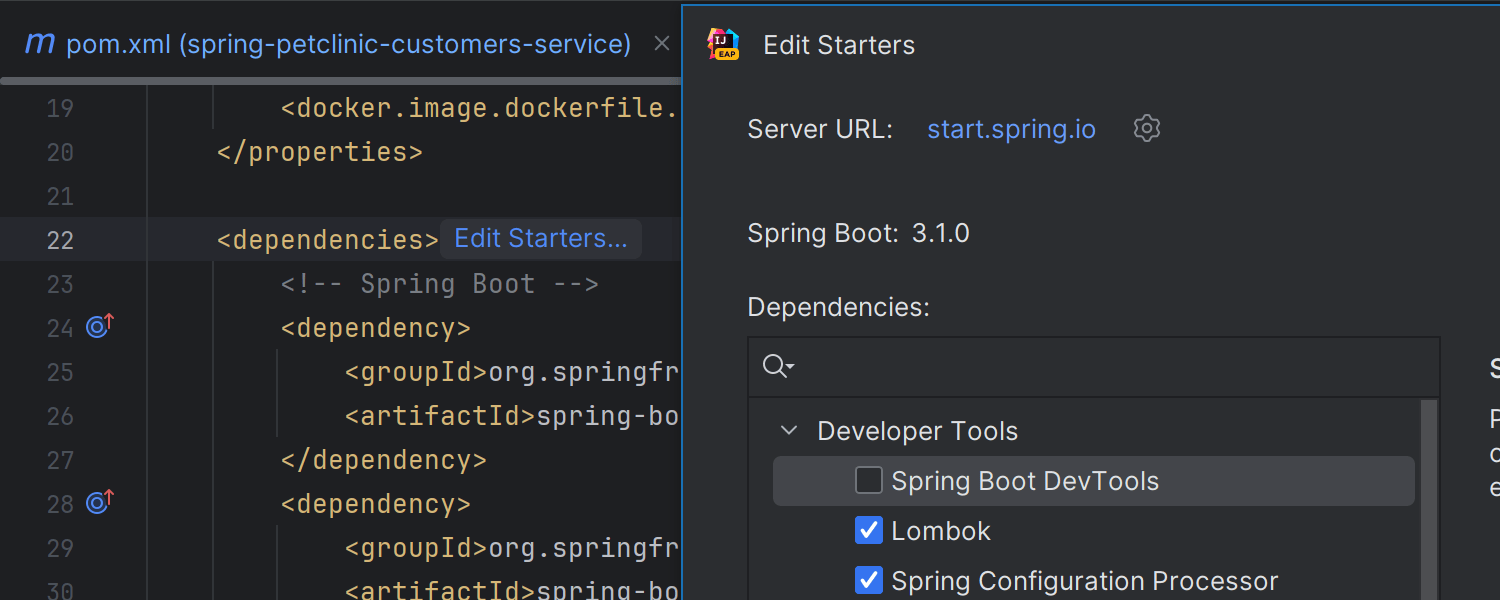 Opção para adicionar e editar iniciadores Spring Boot via Spring Initializr