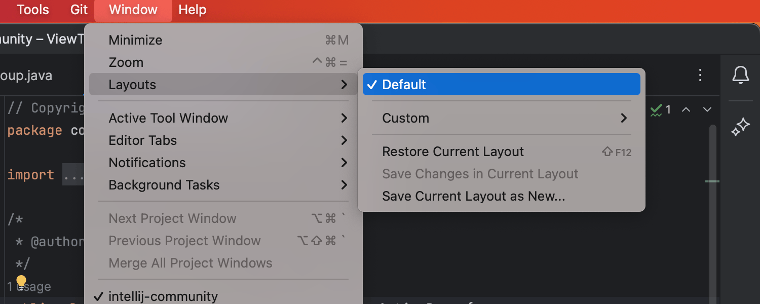 Default（默认）工具窗口布局选项