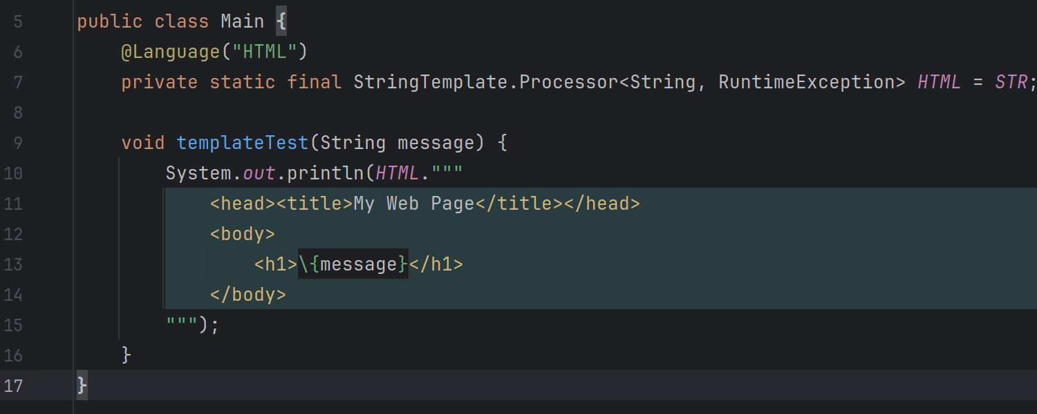 Language injection in string templates