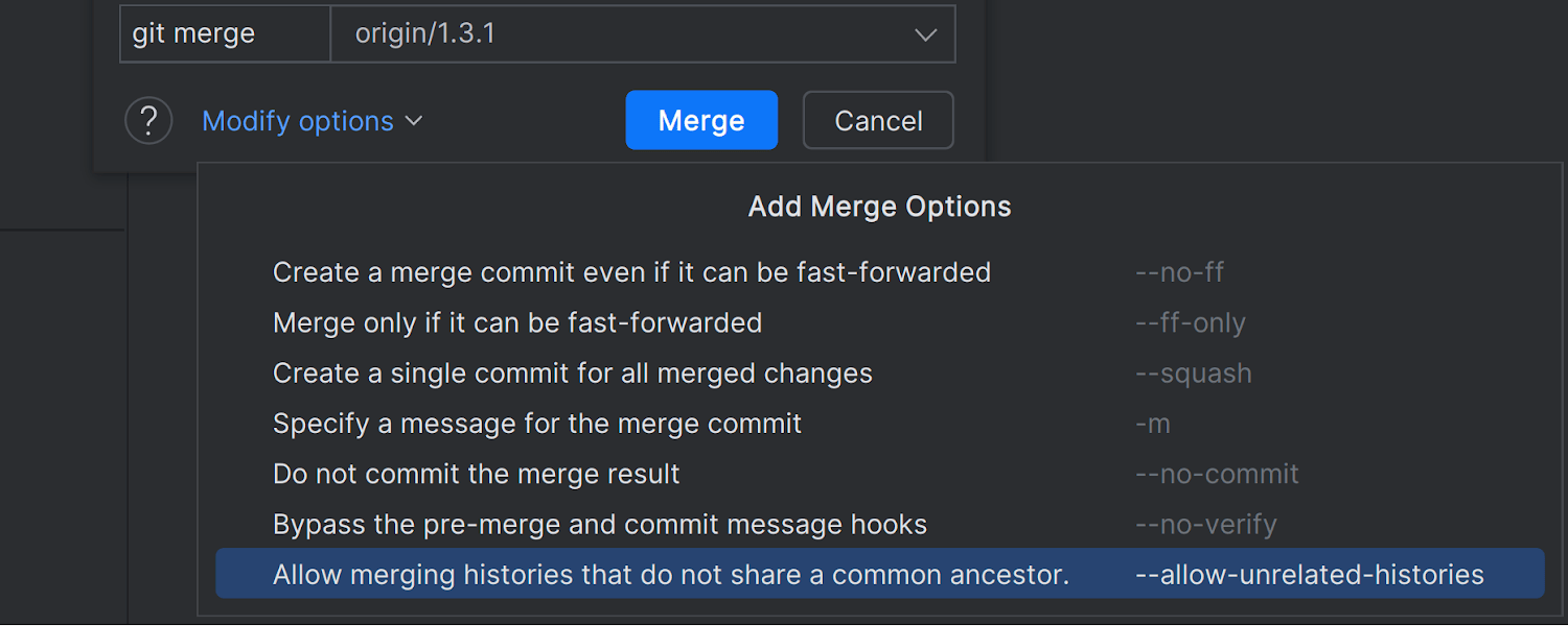 Option de fusion Allow unrelated histories