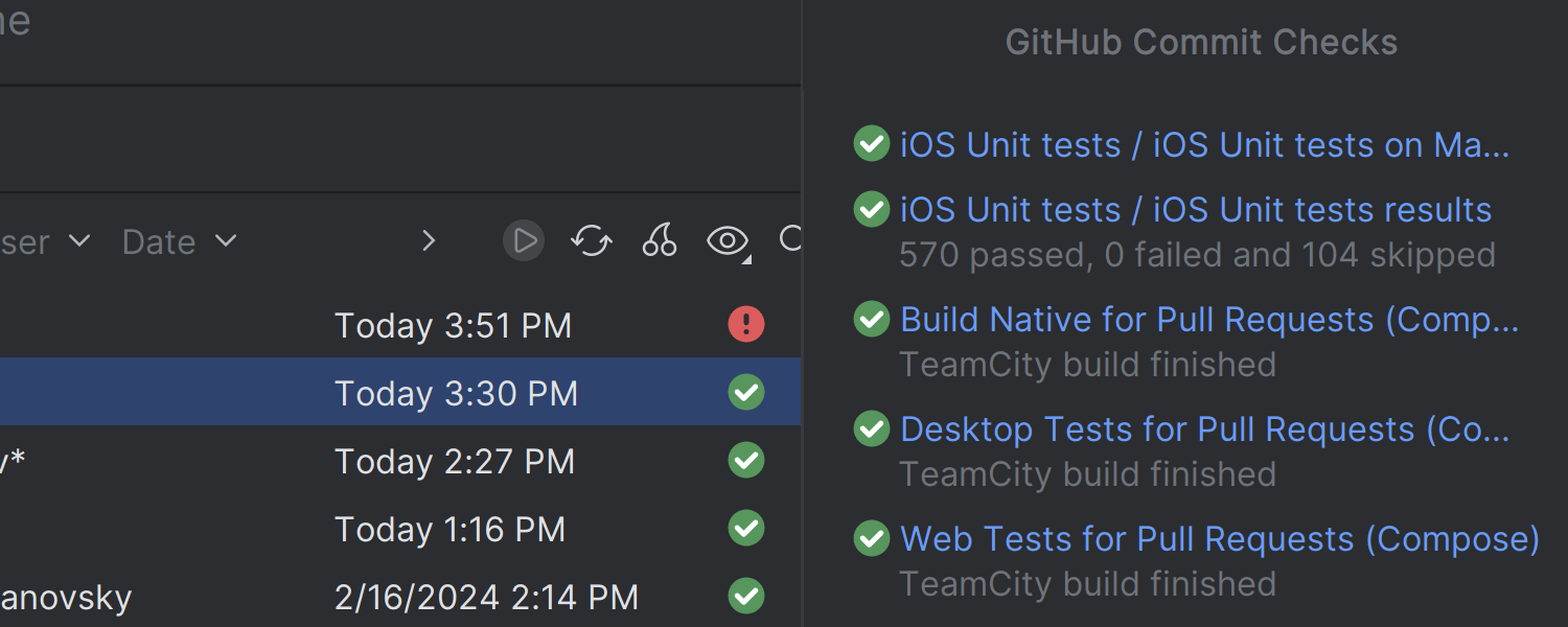 Status of CI checks in Git tool window