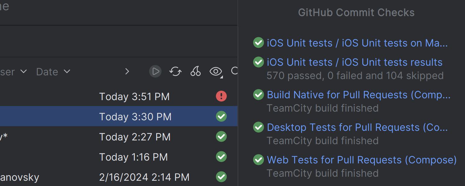 États des vérifications de CI dans la fenêtre d'outil Git