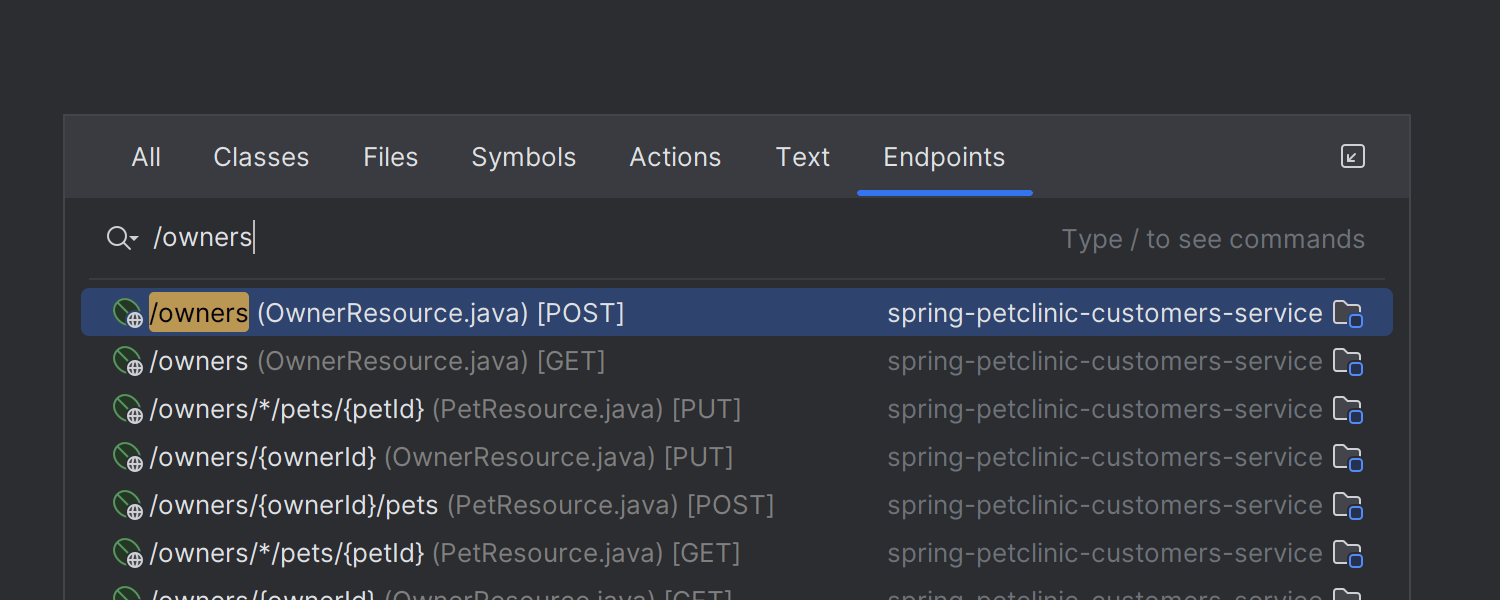 Search Everywhere(전체 검색)의 Endpoints(엔드포인트) 탭