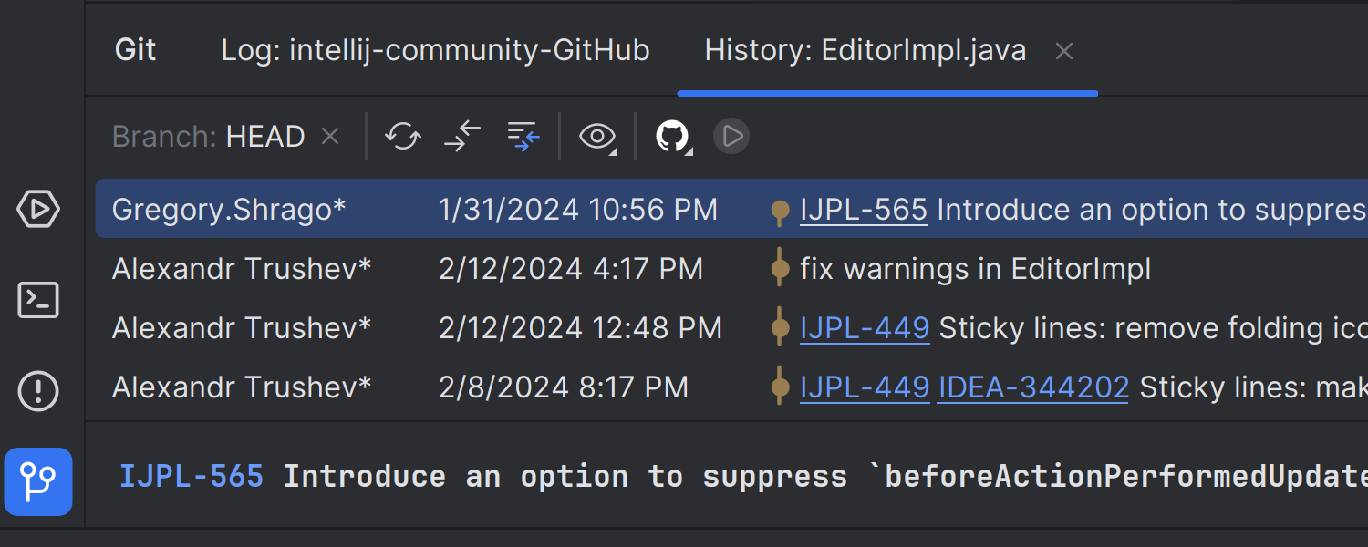 Branch filter in the History tab of the Git tool window
