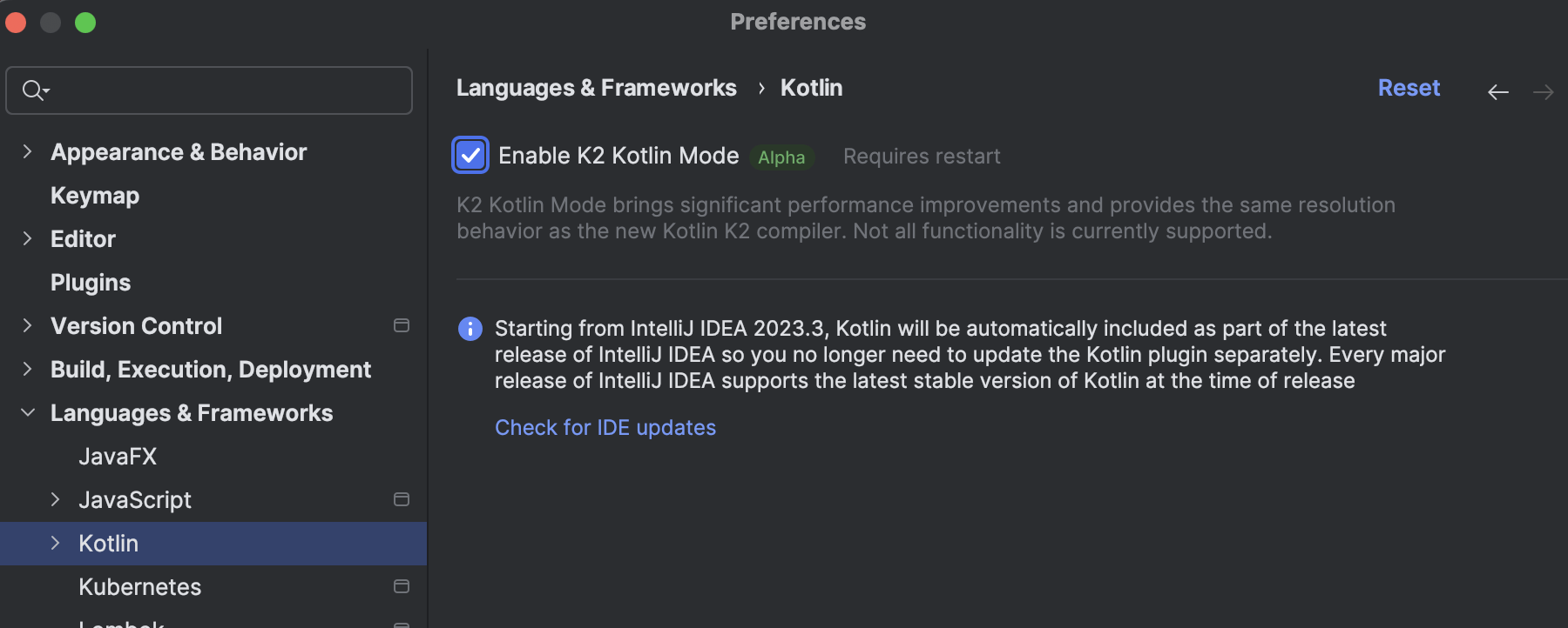 K2 Kotlin モード アルファ