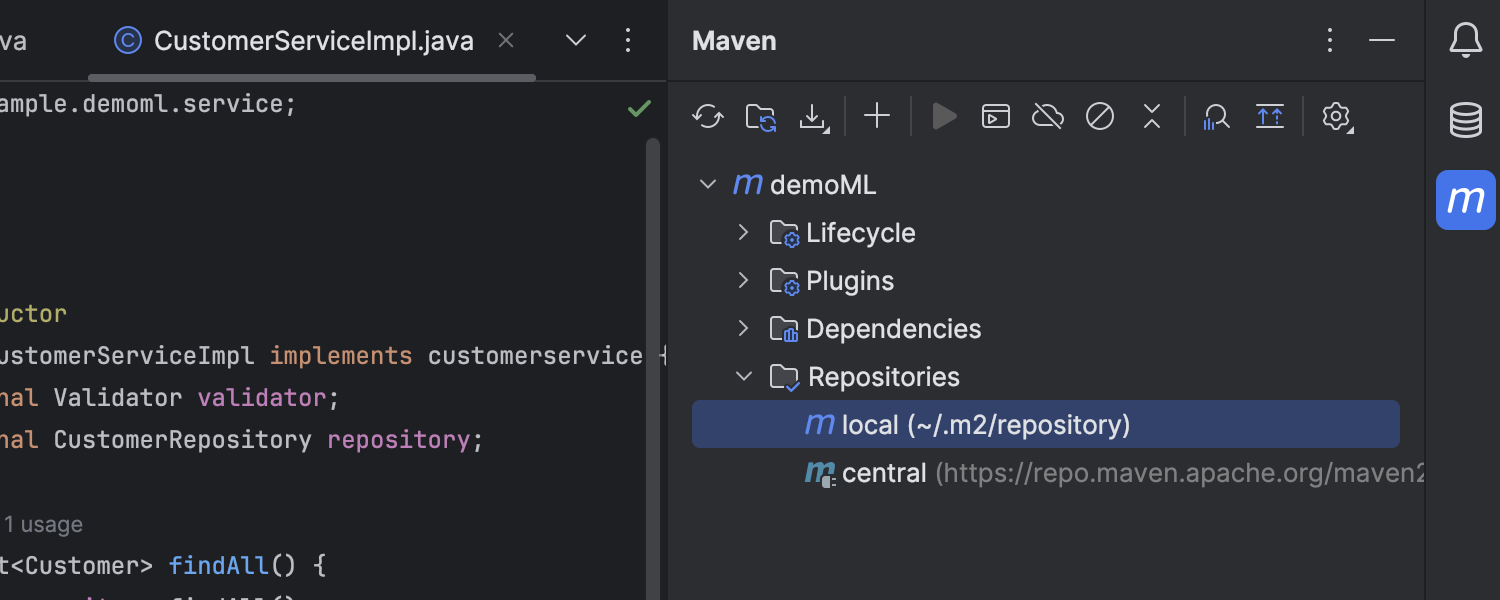 Maven repositories in the Maven tool window