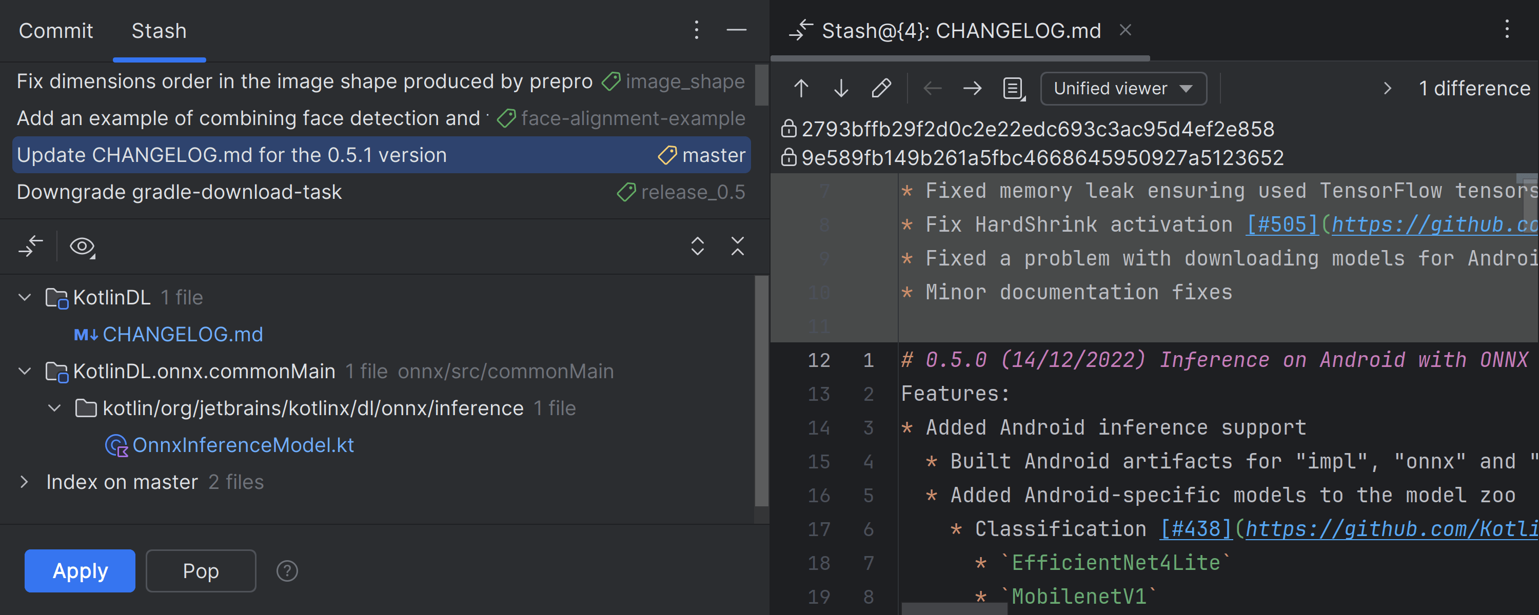 Stash-Tab im Commit-Toolfenster