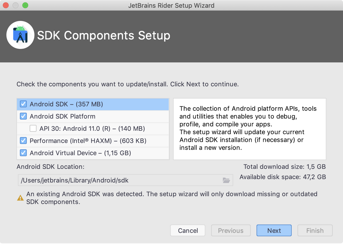 Captura de pantalla del instalador del SDK de Android