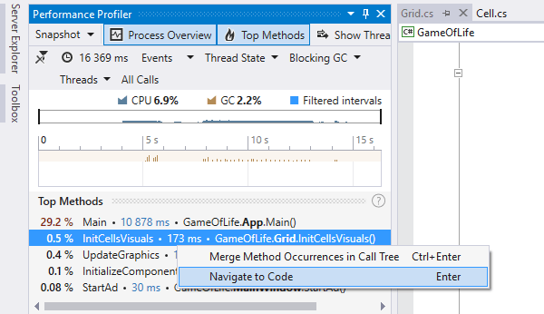 Integrierte Timeline-Ansicht in Visual Studio. Navigation zur Methodendeklaration