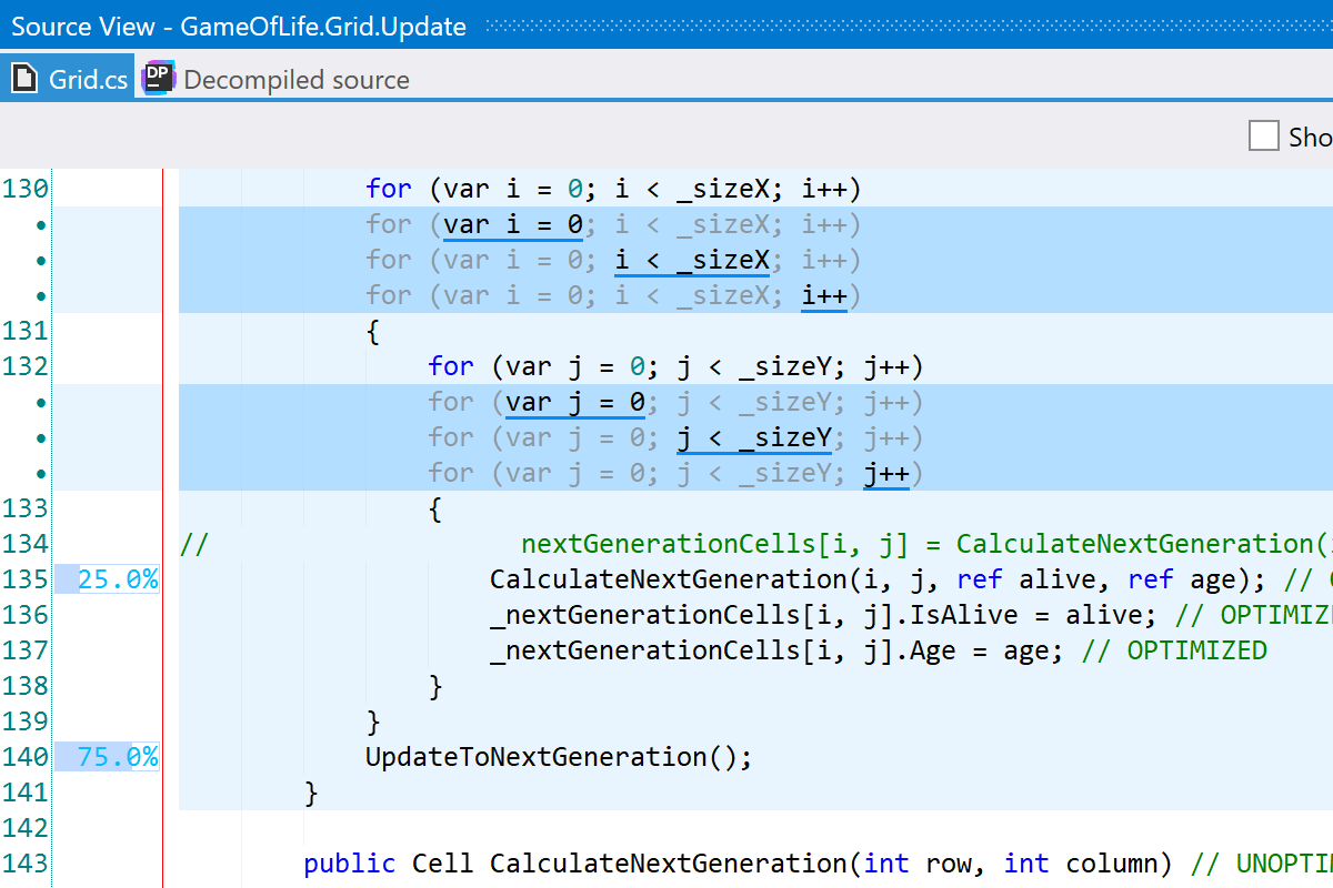 Profiling data in the Source view