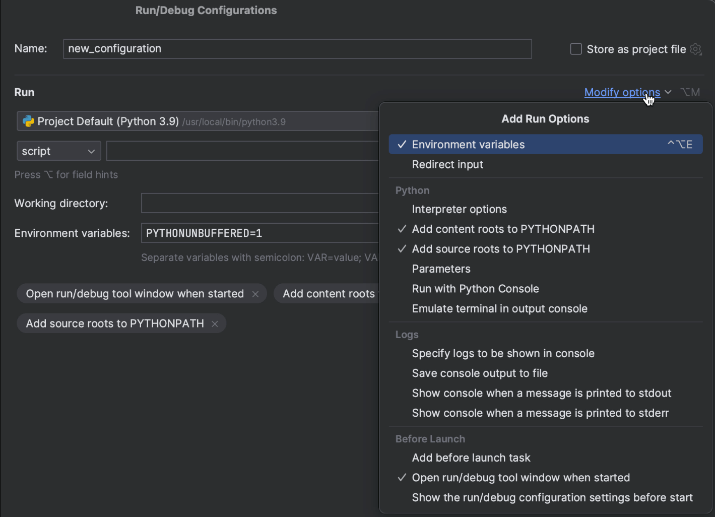 Überarbeiteter Dialog für Python-Run/Debug-Konfigurationen