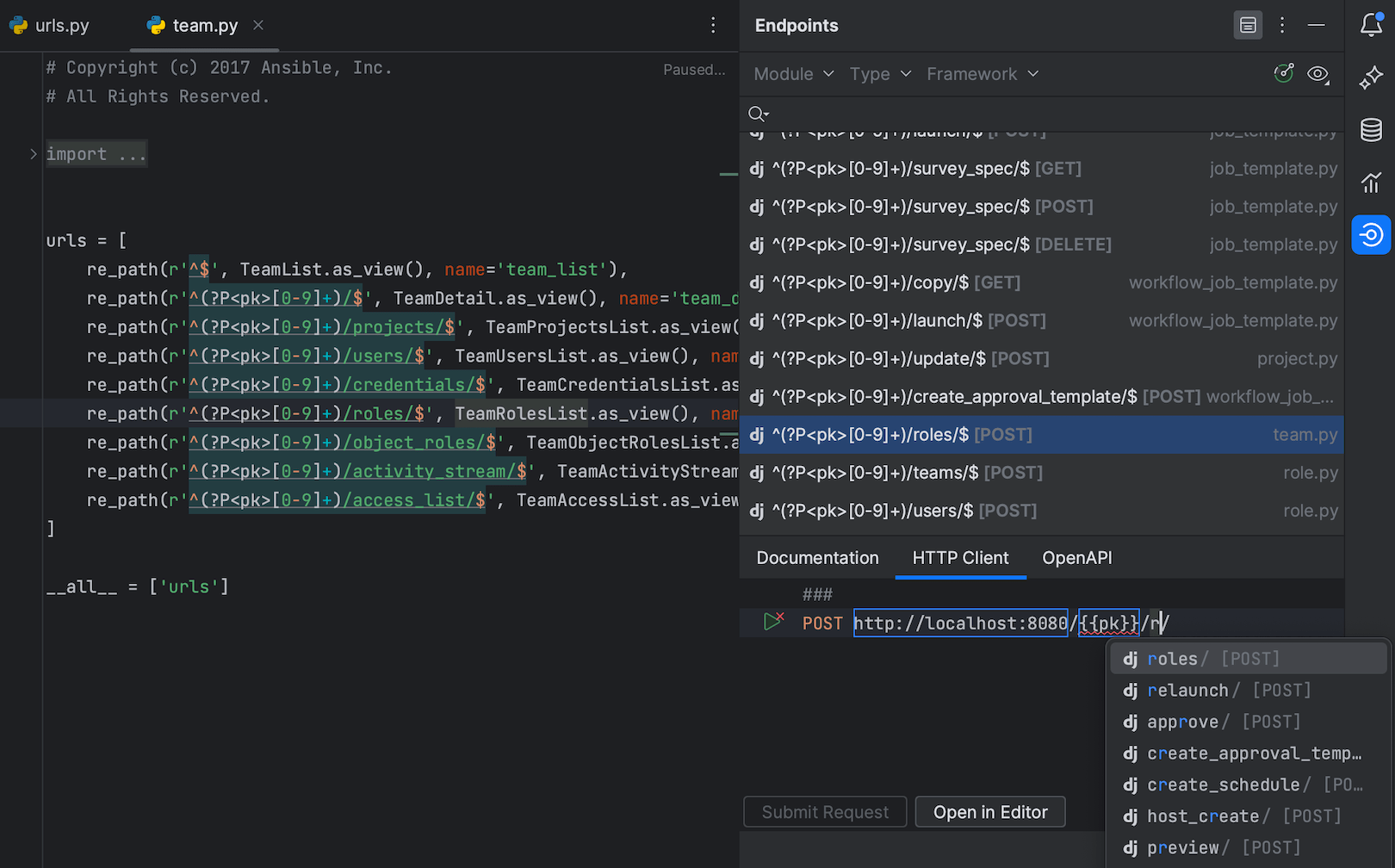 适用于 Django 的 Endpoints（端点）工具窗口