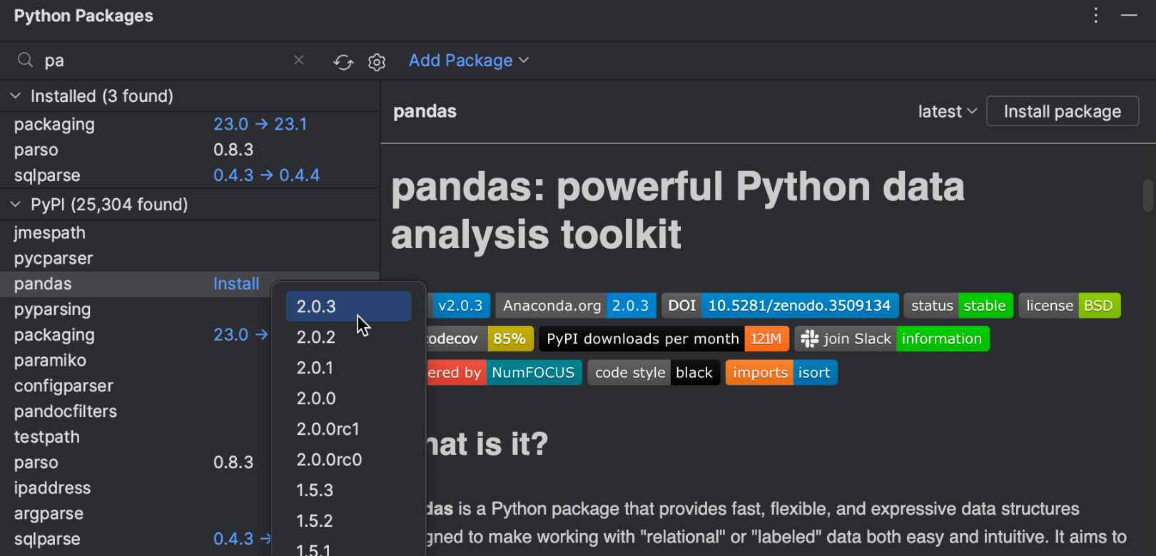 Opción para actualizar paquetes desde la ventana de herramientas Python Packages