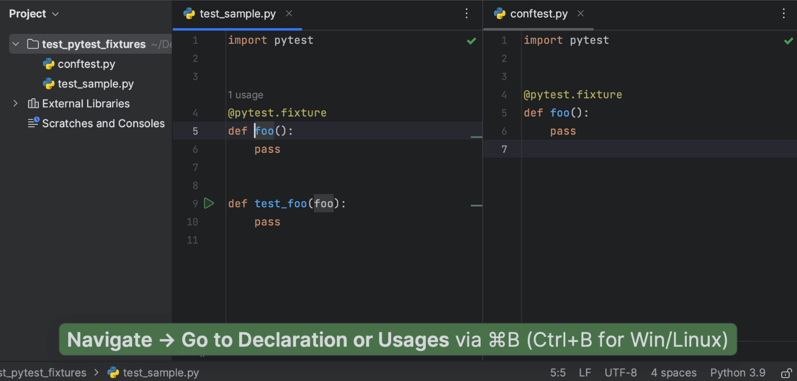 Support for fixture override in pytest