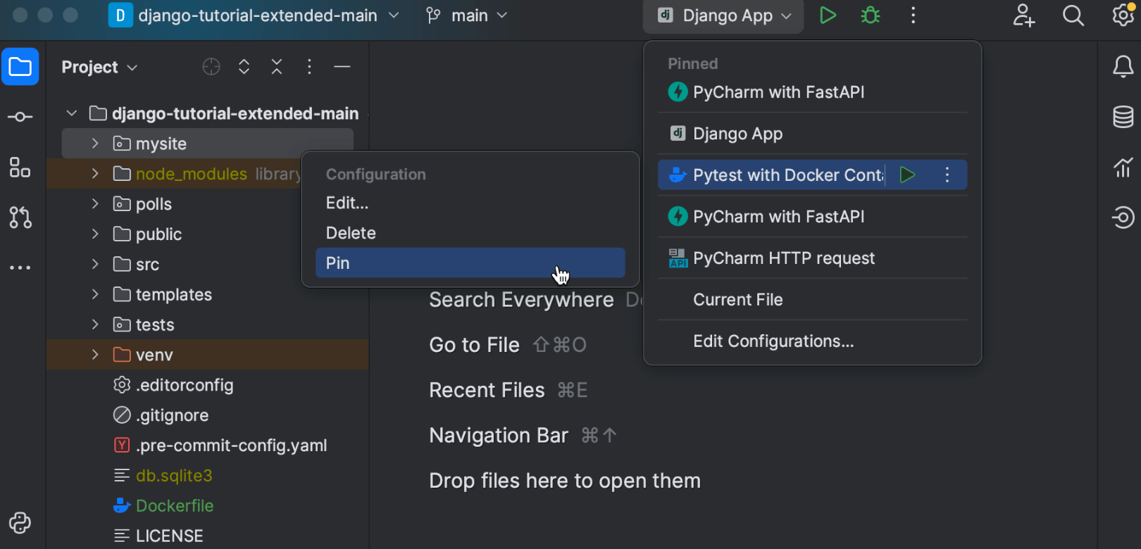 Pinned run configurations in the Run widget