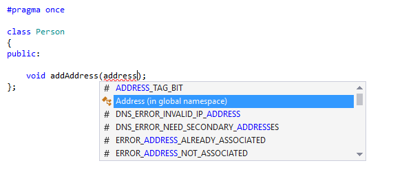 現在のファイルに含まれていないC++シンボルの自動補完