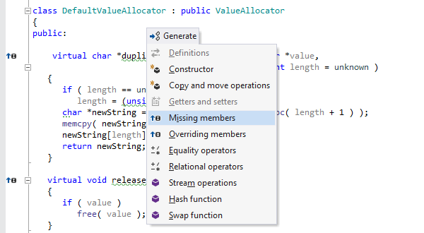 ReSharper C++의 코드 생성 팝업