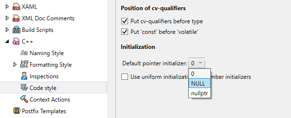 Configuraciones de estilo de código para el inicializador del puntero predeterminado