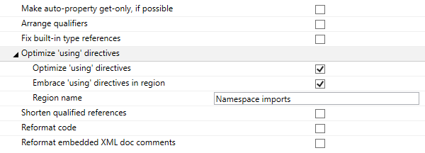 Configuration d'un style pour optimiser les directives 'using'