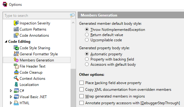 Options de génération de code