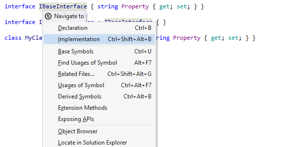 Отличия команд «Go to Implementation» и «Go to Derived Symbols»