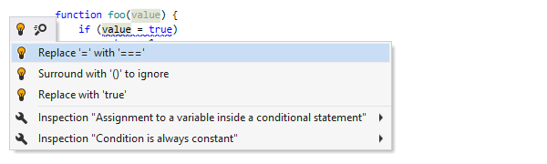 JavaScriptでのコードインスペクションとクイックフィックス