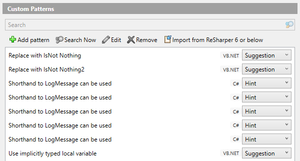 ReSharper 패턴 카탈로그에 나열된 패턴 검색 및 바꾸기