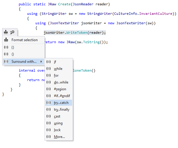 C#에 적용된 ReSharper의 둘러싸기 템플릿