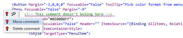 Behebung eines falsch platzierten Kommentars in XAML per Quick-Fix