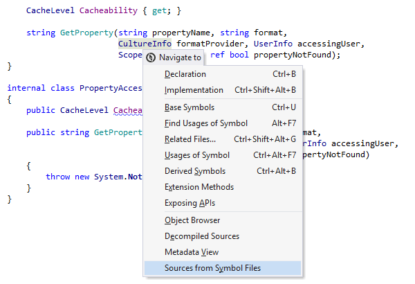 Seleccionar la opción de navegación "Sources from Symbol Files" para un símbolo de biblioteca