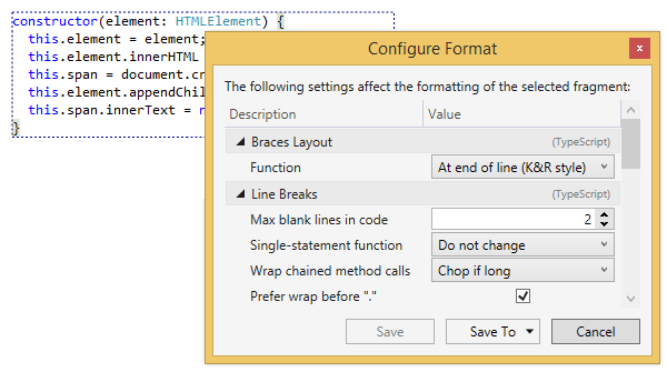 Configuring formatting rules in JavaScript